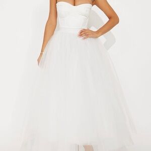 White Strapless Tulle Midi Dress